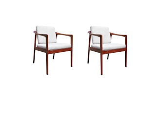 Set of Two Folke Ohlsson for Dux Mid-Century Modern Teak Off-White Arm Chairs
