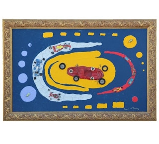 Blue Mixed Media Painting with Race Cars