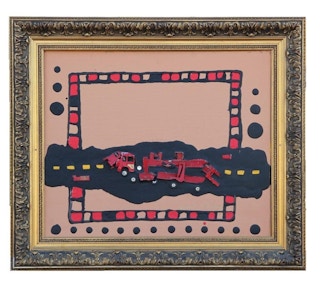 Red Tonal Mixed Media Abstract with Toy Cars 20th Century