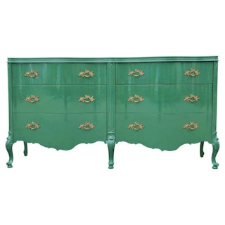 French Louis XIV Lacquered Green Double Serpentine Front Brass Handles Dresser