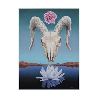 Realist Georgia O’Keefe Style Surrealist Ram Skull Desert Painting with Flowers 1970s