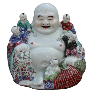 Painted Porcelain Chinese Hotei Buddha with Children Late 20th Century