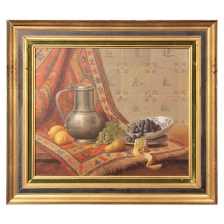 Classical Dutch Interior Still Life Painting of a Water Jug, Fruit, and Tapestry Mid 20th Century