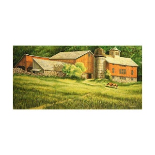 Naturalistic Red Barn and Horses in a Field Pastoral Country Landscape Painting 1979