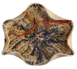 Tan Ceramic Dish with Blue and Red 1987