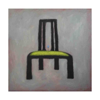 Large Abstract Grey-Toned Painting of Black and Green Chair with Blue Flower 1997
