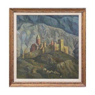 Oil Painting Landscape with Shepherd and Castle