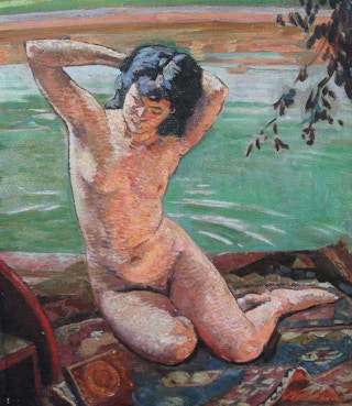 Nude Female Bathing Scene Oil Painting 20th Century
