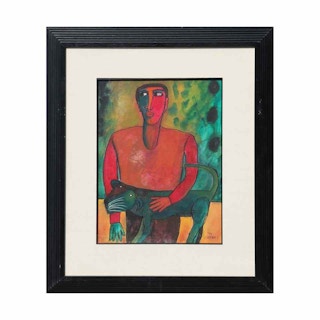 Colorful Abstract Mexican Folk Portrait of a Man Holding an Animal 1997