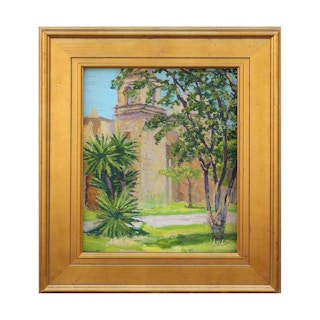 Impasto Naturalistic Adobe Church and Tropical Tree Texas Landscape Painting 20th Century