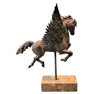 Mythical Pegasus Flying Horse Brass Statue and Fossil Marble Base 1970s