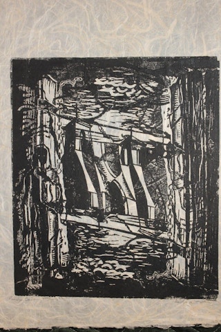 Barbara Maples- "Ranchos Taos, Midnight" Black and White Serigraph 1950's