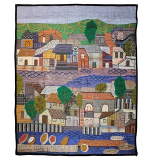 Martha Mood- "Harbor Front" Folk Cityscape Tapestry 1967