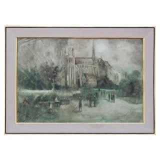 Impressionist Painting of Notre Dame Cathedral, 1960's