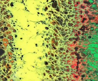 Custom Colorful Abstract Yellow, Green, Red, and Black Acrylic Fluid Side Table