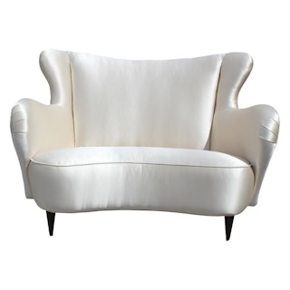 Modern Italian Wingback Love Seat / Settee in Holly Hunt Silk and Walnut Legs
