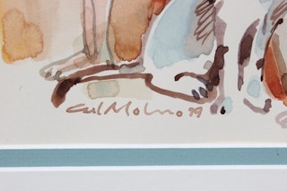 Carl Molno Modern Abstract Painting of Three Women and a Dog 1979