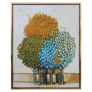 David Adickes Abstract Blue, Orange and Green Trees in a Gold Frame 1970's