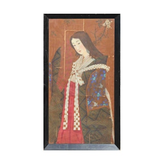 Japanese Geisha or Miko in Kimono with Fan Painting on Silk