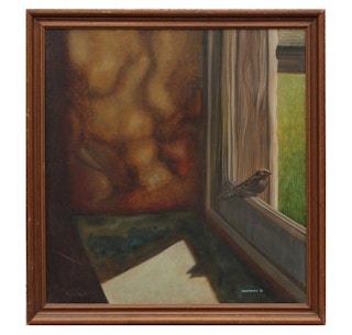 Surrealist Interior Window Scene with Bird Signed Mantooth, 1981