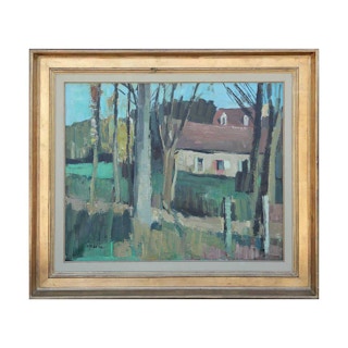 “Paysage à Canon" Blue and Green Toned Pastoral Impressionist Landscape Painting 1965