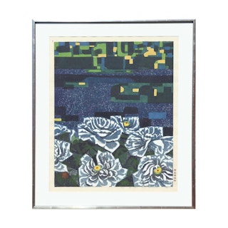 "Morning (Peonies)" Abstract Blue and Yellow Japanese Floral Landscape Print 1949