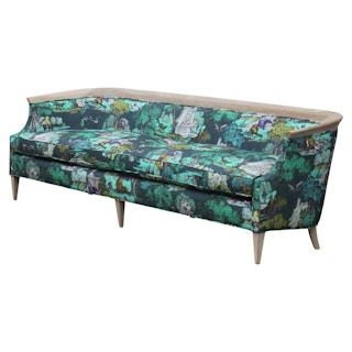Modern Baker Barrel Back Bleached Mahogany Sofa in Cole & Son Fornasetti Fabric
