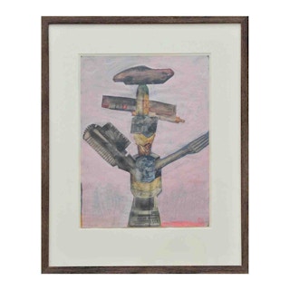 “Totem #1” Modern Purple Toned Abstract Mixed Media Collage of Everyday Objects 1979