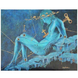 "Angel and Asteroids" Surrealist Blue Tonal Figurative Painting, 2015