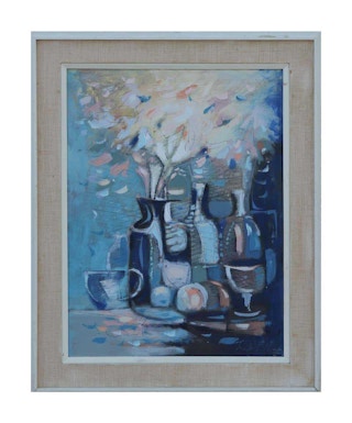 Untitled Modern Geometric Blue Tonal Abstract Still Life Painting, 1957