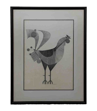 Modern Geometric Ink Drawing of a Rooster, 1980