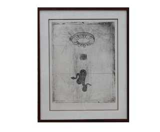 Donald Saff- Industrial Surrealist Print with a Coil, Gear, and a Serpent 1980's