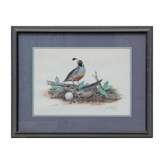 Naturalistic Quails with Golf Ball Lithograph 172 of 350 20th Century