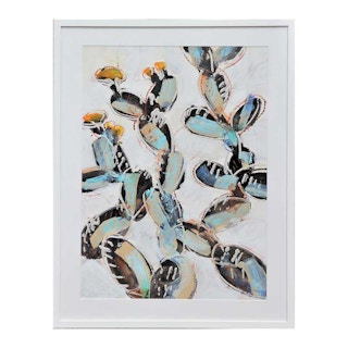 "Prickly Pear with Yellow Blooms" Modern Abstract Blue Toned Cactus Painting 21st Century