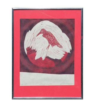 "Look Out" Red Abstract Bird Woodblock Print Edition 2 of 15 Mid 20th Century