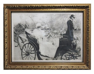 Edgar Chahine - "La Promanade" Black and White Print of a Women in a Carriage, 1902