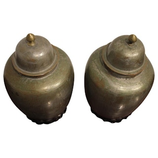 Decorative Pair of Metal Vessels with a Wooden Pedestal