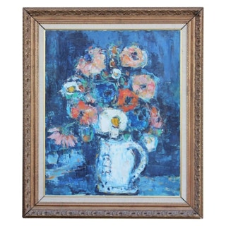 Impressionist Flowers in Vase Still Life with Blue Hues 1960's