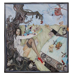Linda Sutton- Human Folly Surrealist Painting with Garden of Eden Theme 1970's