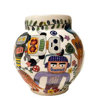 "I am not a Robot" Small White Porcelain Jar with Abstract Figurative Robots 2023