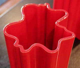 Pair of Red Wavy Ceramic Vases by Angelo Mangiarotti for Fratelli Brambilla