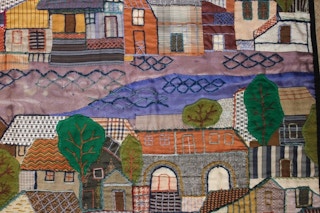 Martha Mood- "Harbor Front" Folk Cityscape Tapestry 1967