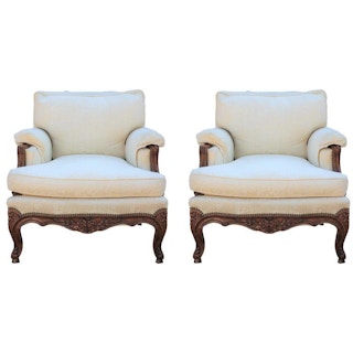 Perfect Pair of Italian Rococo Style Carved Walnut Armchairs
