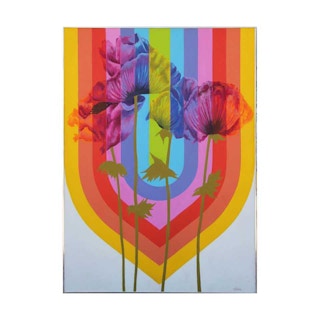 Large Abstract Vintage Colorful Rainbow Painting with Flowers 1970s