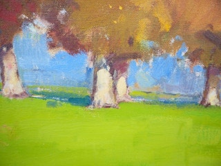 Green, Orange, and Blue Abstract Impressionist Autumn Landscape Painting 1999