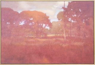 Modern Naturalistic Red and Orange Toned Autumn Forest Landscape Painting 1980