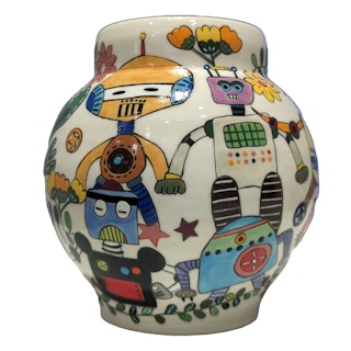 "I am not a Robot" Small White Porcelain Jar with Abstract Figurative Robots 2023