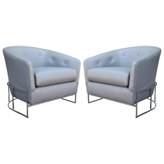 Pair of Milo Baughman Barrel Back Modern Club Chairs in Grey Leather