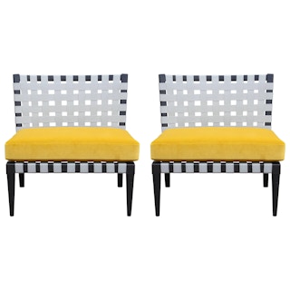 Pair of Modern Vincent Wolfe Grey Strap Chairs in Yellow Velvet by Niedermaier