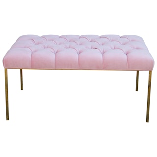 Modern Rectangular Bench with a Brass Frame in Tufted Light Pink Velvet